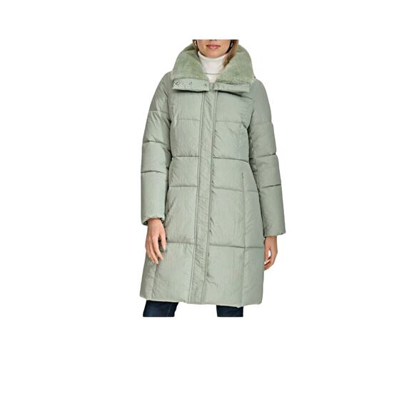 Cole Haan Signature Puffer Jacket XS Faux Fur Collar Green NWT Winter Coat - Picture 1 of 11